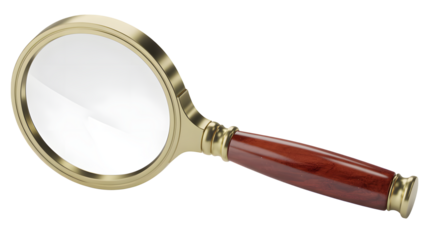 Antique Golden Magnifying Glass with Wooden Handle on White  isolated on a transparent background