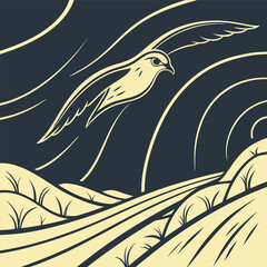 Stylized illustration of a bird of prey soaring over rolling hills and fields under a dark sky with abstract lines vector illustration of an abstract background