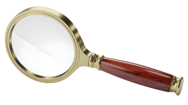 Antique Golden Magnifying Glass with Wooden Handle on White  isolated on a transparent background