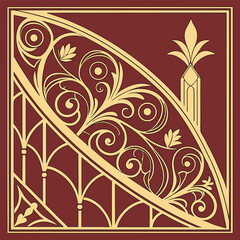 Elegant art nouveau decorative element featuring swirling golden floral motifs and geometric patterns on rich burgundy evoking vintage luxury abstract floral background with golden elements