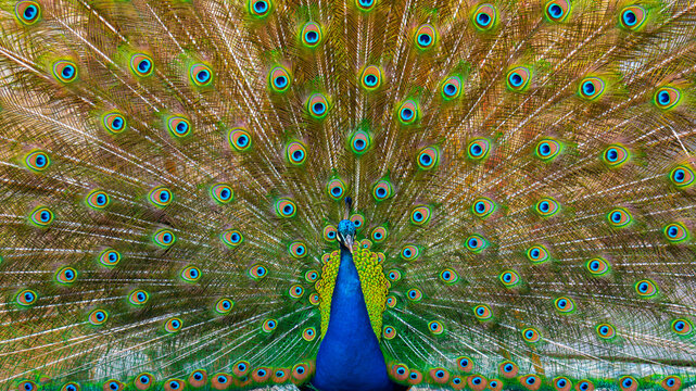 Peacock displaying its full tail feathers in a vibrant symmetrical pattern