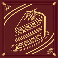 Elegant art deco slice of cake with berries and leaves on a dark red background with golden geometric border and swirls