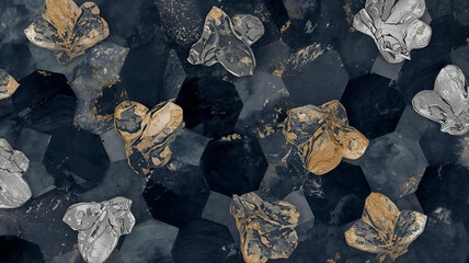 Hexagonal Dark Watercolor Pattern with Metallic Gold and Silver Pigment Texture, Navy and Graphite Layered Design
