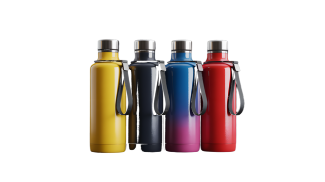 Collection of Four Insulated Water Bottles in Yellow Blue and Red on Dark Background insulated bottles isolated on a transparent background