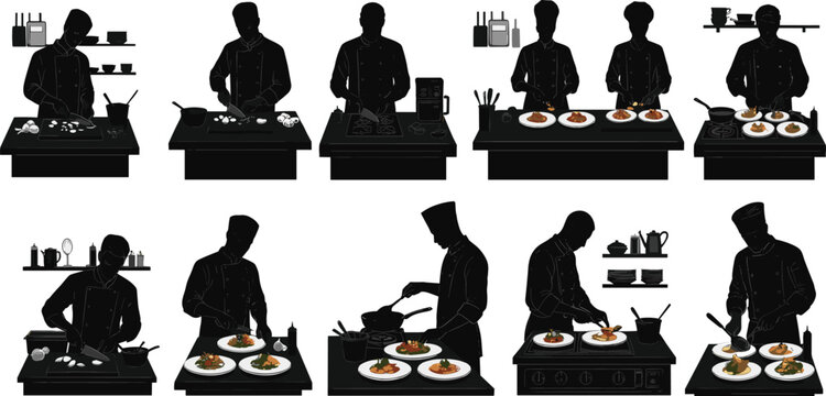 chef, cooking, kitchen, silhouette, food, preparation, culinary, plating, chopping, stove, utensils, cuisine, professional, restaurant, activity