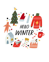 Cozy handdrawn winter holiday elements collection. Vector cartoon illustration for print.