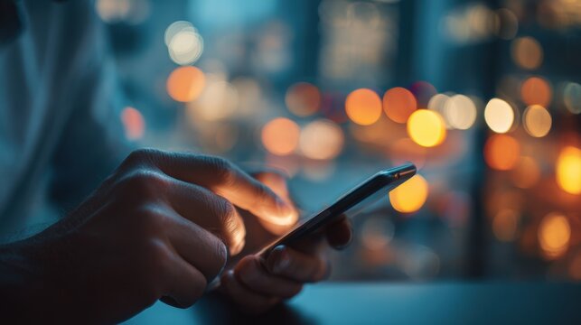 Cinematic Portrait of Hands Texting on Smartphone with Blurred Office Lights