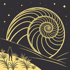 A solitary figure stands on a grassy hill gazing at a giant golden nautilus shell against a starry night sky vector illustration of an abstract floral background