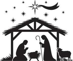 Fototapeta premium Christmas nativity scene silhouette with holy family. Vector illustration of the birth of Jesus with Mary Joseph manger and Star of Bethlehem