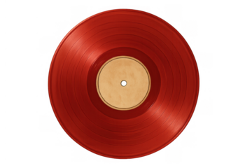 Red vinyl record playing timeless analog music, representing retro sound, nostalgia, and classic audio entertainment on transparent background