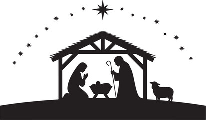 Fototapeta premium Christmas nativity scene silhouette with holy family. Vector illustration of the birth of Jesus with Mary Joseph manger and Star of Bethlehem