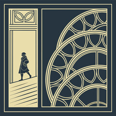 Art deco silhouette of a person in a coat and hat walking through a stylized doorway with geometric patterns and a large circular window design vector illustration of an abstract floral background