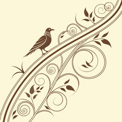 A stylized brown bird perches on a decorative brown vine with swirling leaves and floral elements against a cream vector illustration of an abstract floral background