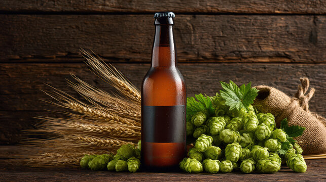 Craft Beer Bottle with Fresh Hops and Barley on Wooden Background - Powered by Adobe