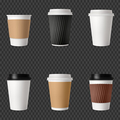 Realistic set of disposable coffee cups with lids and sleeves