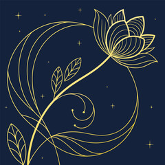 Elegant golden floral line art design with swirling vines and leaves against a dark navy blue background with subtle stars