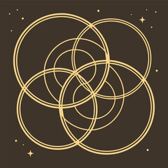 Abstract geometric pattern of overlapping golden circles and stars on a dark brown symbolizing harmony and connection abstract background with golden rings
