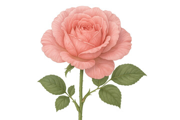Fototapeta premium Pink rose bloom with detailed petals and green foliage, painted in watercolor style, transparent background