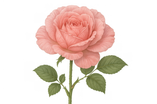 Pink rose bloom with detailed petals and green foliage, painted in watercolor style, transparent background