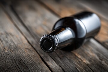 Artistic Minimalist Dark Beer Bottle on Wooden Surface with Subtle Reflections