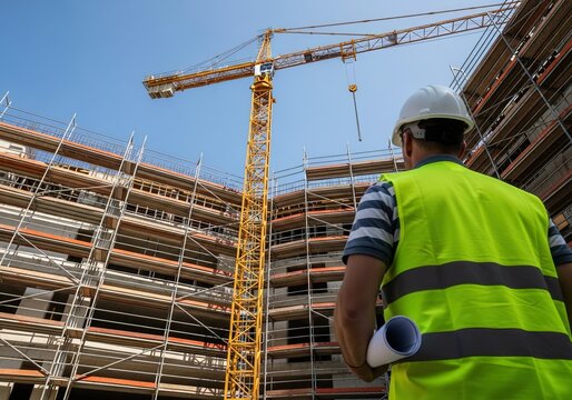 Construction worker overseeing building site with crane safety vest hard hat blueprints engineer architecture scaffolding development