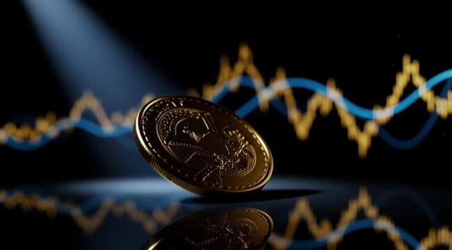Moeda Dourada em Destaque com Gr&aacute;ficos Financeiros Futuristas