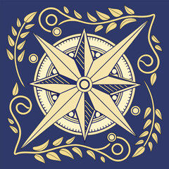Elegant vintage compass rose with decorative laurel wreath and swirling vines on a deep blue background vector illustration of a compass with a star