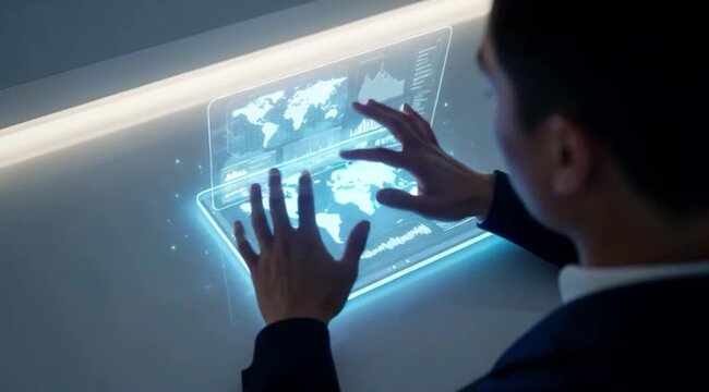 Profissional Analisando Mapa Global Hologr&aacute;fico em Mesa Digital