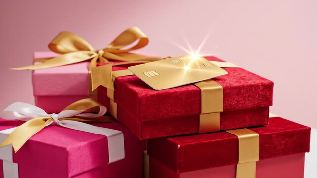 Gift Boxes with Gold Credit Card - A stack of colorful gift boxes are arranged on a pink background, with a gold credit card placed on the top red box.