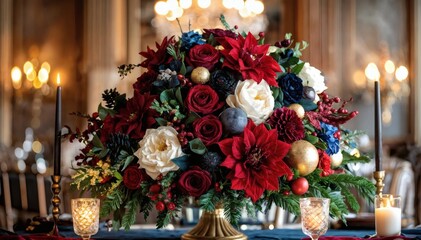 Luxurious Christmas Floral Arrangement with Poinsettias, Roses, and Candles
