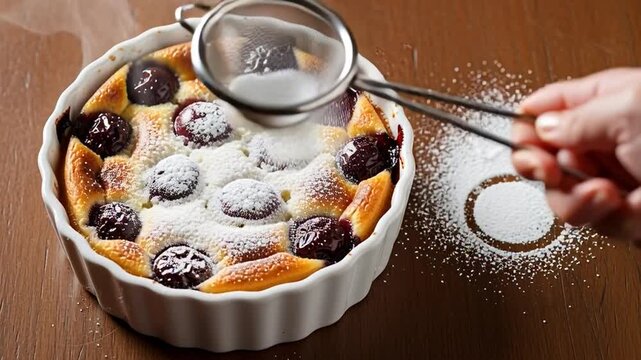 Captivating moment Powdered sugar delicately cascades onto a golden-baked cherry dessert