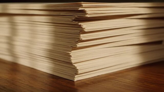 Stack of Ivory Paper - A close-up shows a stack of ivory or off-white paper, neatly aligned. The stack sits on a polished wooden surface, catching warm light that creates subtle shadows and