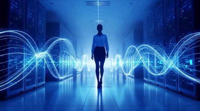 Mulher de Neg&oacute;cios Caminhando por Corredor Azul Corporativo em Dire&ccedil;&atilde;o &agrave; C&acirc;mera