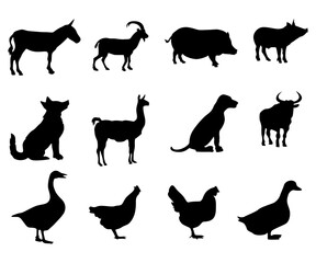 Farm animals silhouettes black and white hand drawn isolated on white