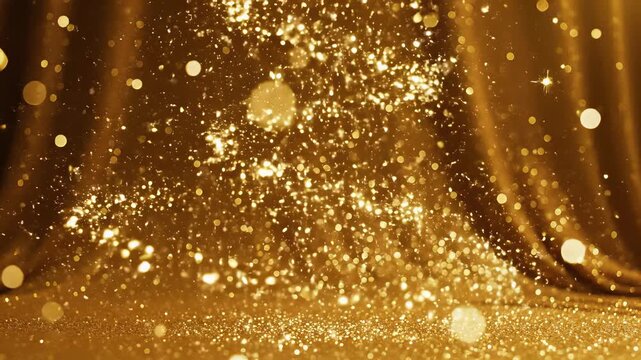 Golden particles dancing in mid air, surrounded by shimmering curtains of glittering gold dust, perfectly capturing the essence of luxury, opulence, and high end sophistication.
