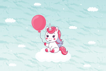 Cute Unicorn Cartoon Character Sitting on Cloud Holding Balloon.