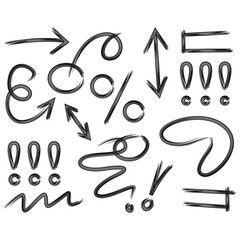 Collection of hand drawn arrows scribbles and various graphic elements in black