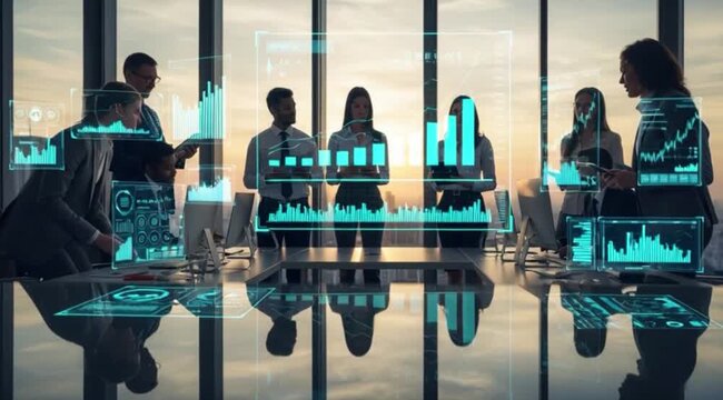 Equipe Empresarial Trabalhando em Mesa com Computador Hologr&aacute;fico e Gr&aacute;ficos de Dados