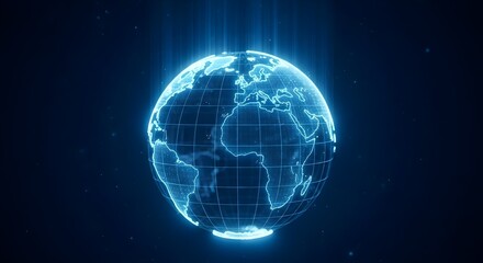 Futuristic glowing blue digital earth hologram with data streams and network connections on dark background
