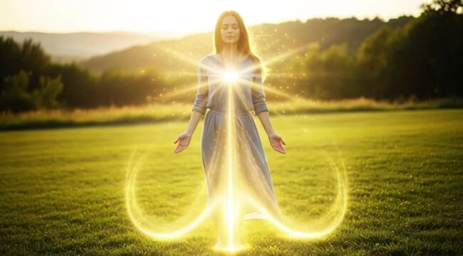 Mulher Meditando ao Ar Livre com Energia Luminescente Fluindo do Corpo ao P&ocirc;r do Sol