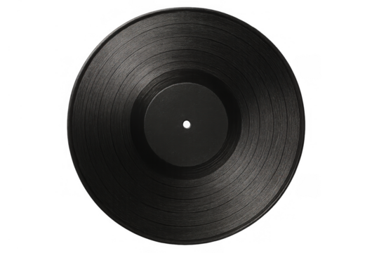 Vinyl record playing classic music, retro sound, blank label, vintage audio disc, transparent background