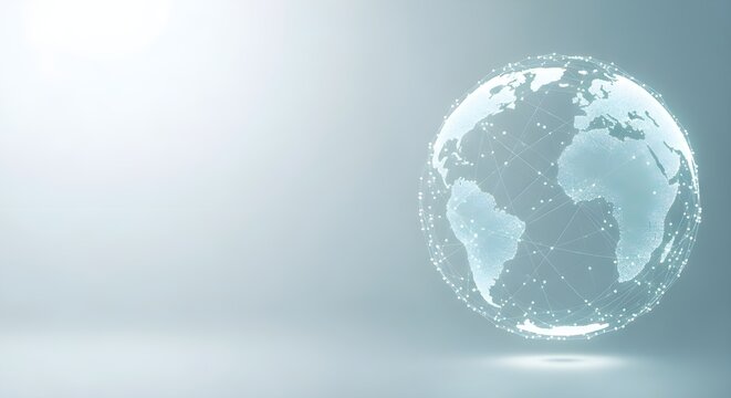 Abstract glowing digital earth globe with interconnected lines and dots on a light background