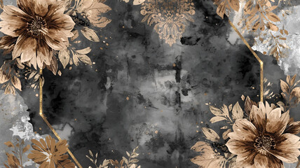 Hexagonal Watercolor Frame with Metallic Pigments, Charcoal, Bronze, Gold, Silver Grunge, and Floral Halo Effects