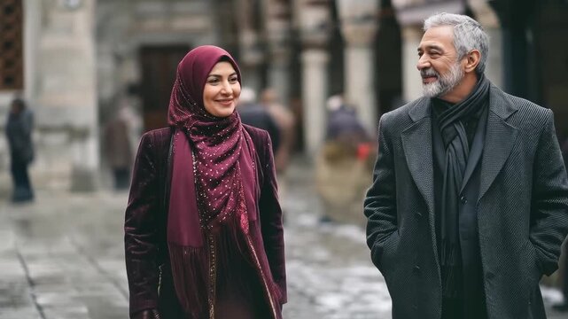 Arabian senior couple enjoying romantic date. Elderly pair walks together happily. Mature man and woman stroll through cozy urban street. They share warm conversation outdoors. Traditional cultural li