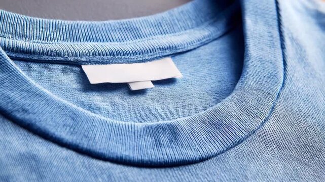 Ultra HD Ultra HD Closeup of a light blue tshirt with a blank label on the collar video, blue tshirt label mockup video, blue tshirt label video, blue tshirt label presentation video