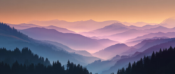A serene mountain range with layers of fog and trees at sunset or sunrise