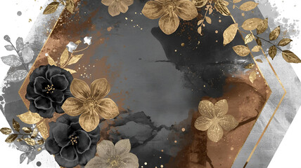 Hexagonal Watercolor Frame with Metallic Pigments, Charcoal, Bronze, Gold, Silver Grunge, and Floral Halo Effects