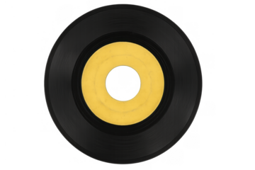 Vinyl record 45 rpm single with blank yellow label, retro music disc for audio sound, transparent background