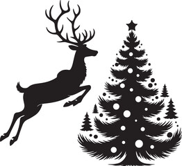 Christmas tree with reindeer, christmas tree silhouette