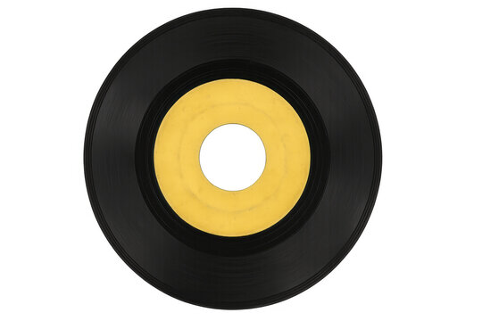 Vinyl record 45 rpm single with blank yellow label, retro music disc for audio sound, transparent background